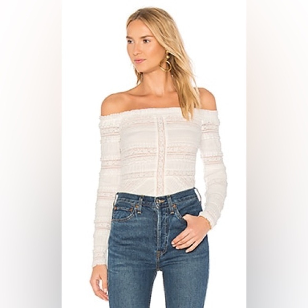 cinq a sept Off-the-Shoulder White Lace Long-Sleeve Top - Picture 14 of 14